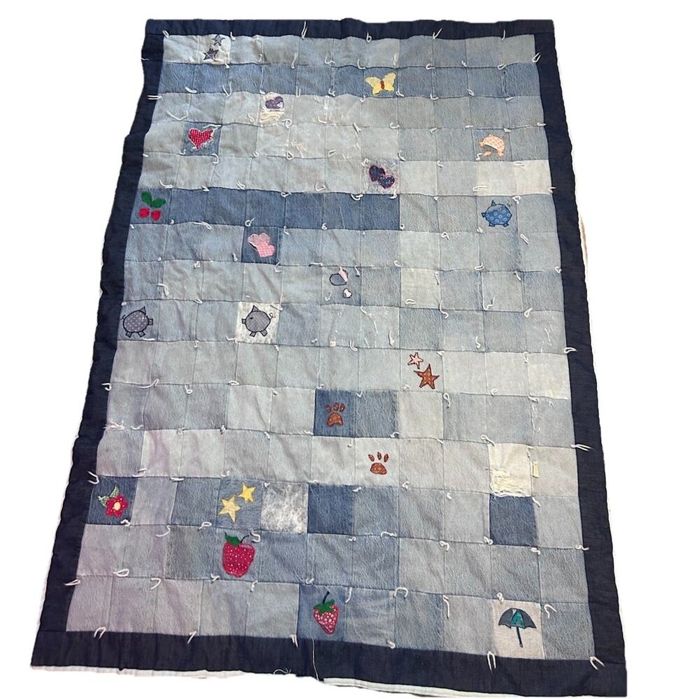 Handmade Denim Patchwork Quilt Upcycled Blue Jean Blanket Rustic Farmhouse 57x41